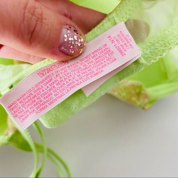 NEW VS VICTORIAS SECRET Lime Green Beige Tan Lace Bow Crystal Balconet Bra 34C - Picture 9 of 10